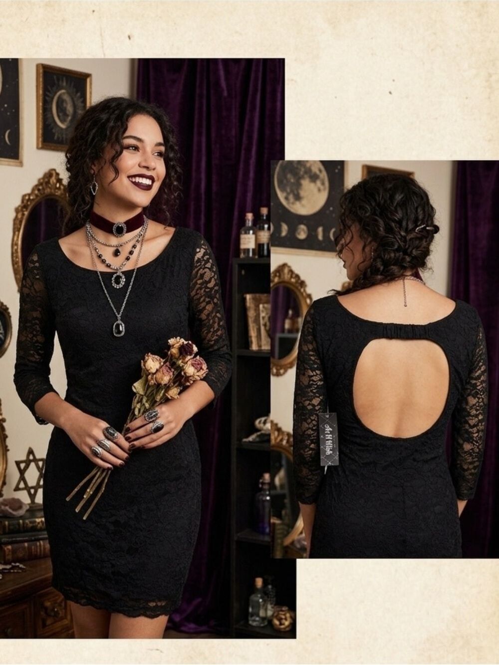 As U Wish Black Lace 3/4 Sleeve Cut Out Back Mini Dress Sz L NWT Whimsigoth